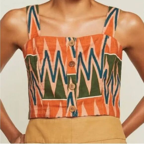 NWT Veronica Beard Tiffany Cropped Top in Tribal Print Linen Blend Tank Womens L - Picture 7 of 16